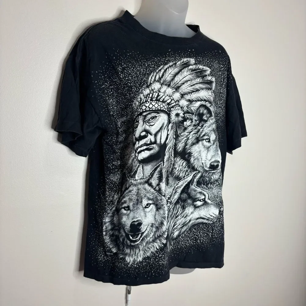 Vintage 90s American thunder Native American graphic Black shirt double sided M